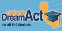 Image says California Dream Act. It has the state of California and a graduation hat.