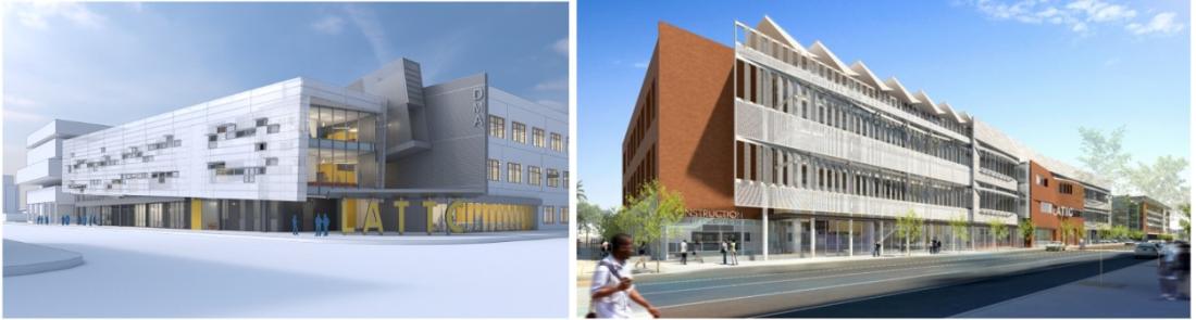 Renderings of LATTC’s proposed Construction Technology building (left) and Design and Media Arts buildings (right)